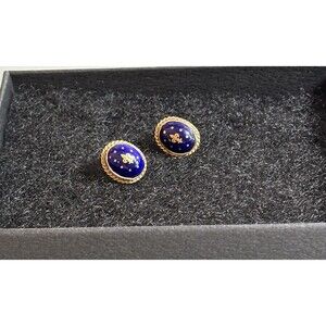 Vintage 14K Yellow Gold Blue Cobalt Gold Fleur De Lis Oval Stud Earrings